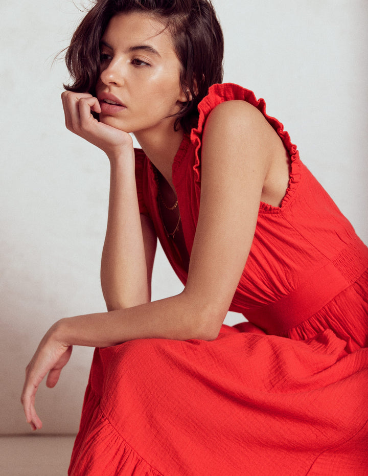 Wren Double Cloth Midi Dress-Strawberry Tart Red