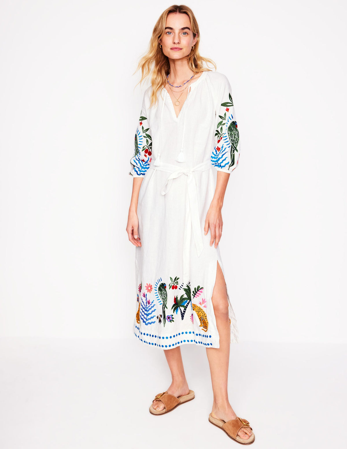 Embroidered Linen Tassel Dress-Ivory - Image 1
