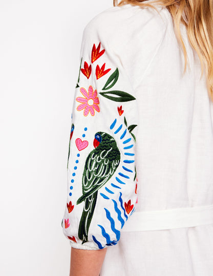 Embroidered Linen Tassel Dress-Ivory-2