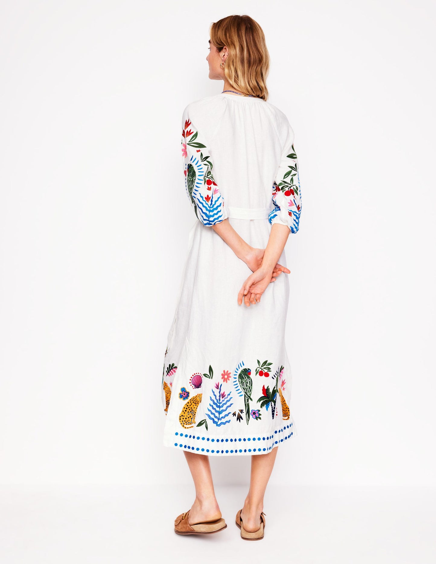 Embroidered Linen Tassel Dress-Ivory