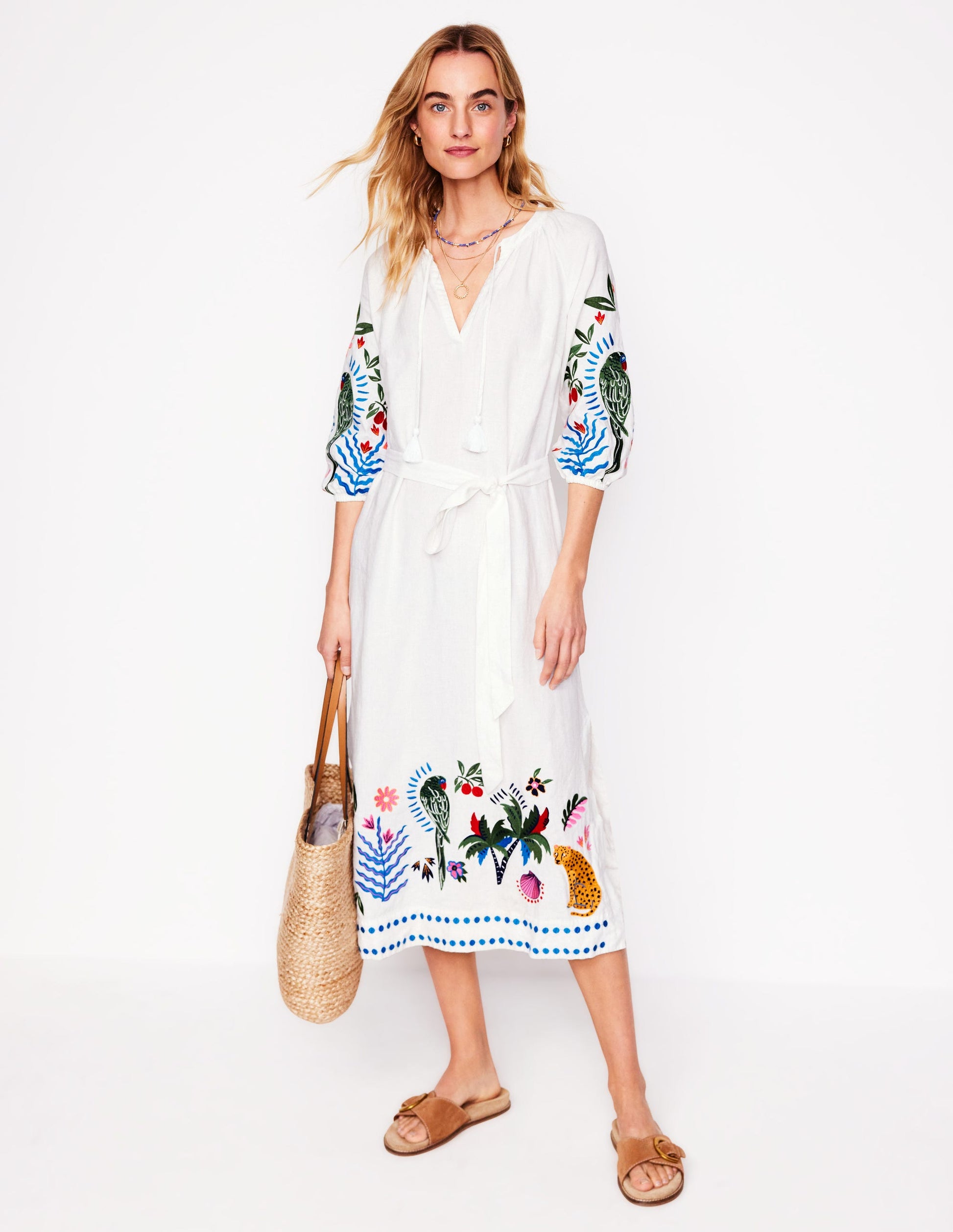 Embroidered Linen Tassel Dress-Ivory-4