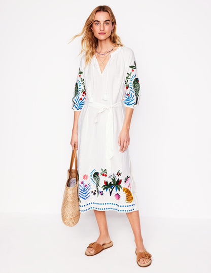 Embroidered Linen Tassel Dress-Ivory-4