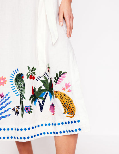 Embroidered Linen Tassel Dress-Ivory-5