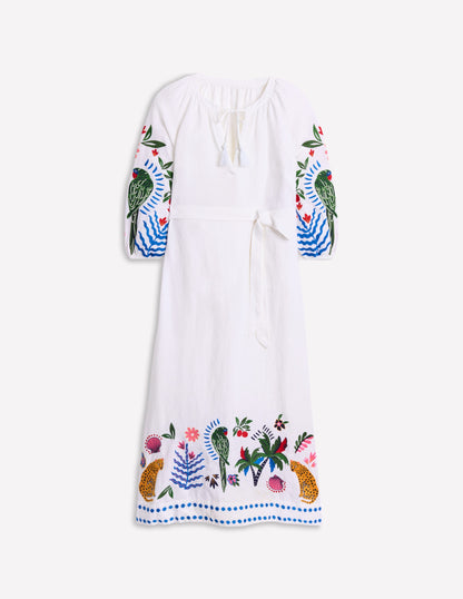 Embroidered Linen Tassel Dress-Ivory-7