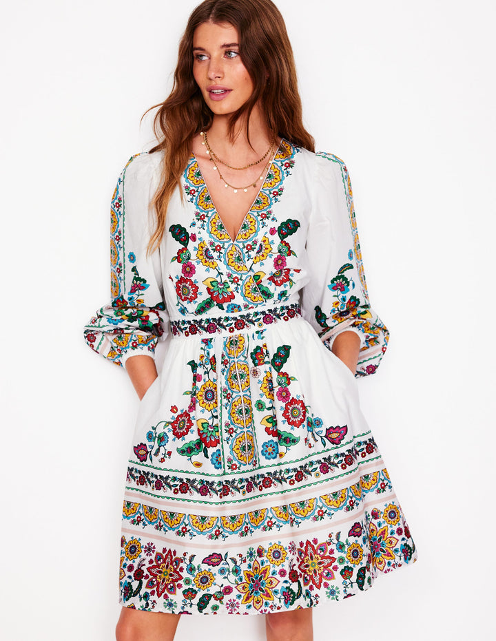 Mya Cotton Short Dress-Ivory, Botanical Sprig