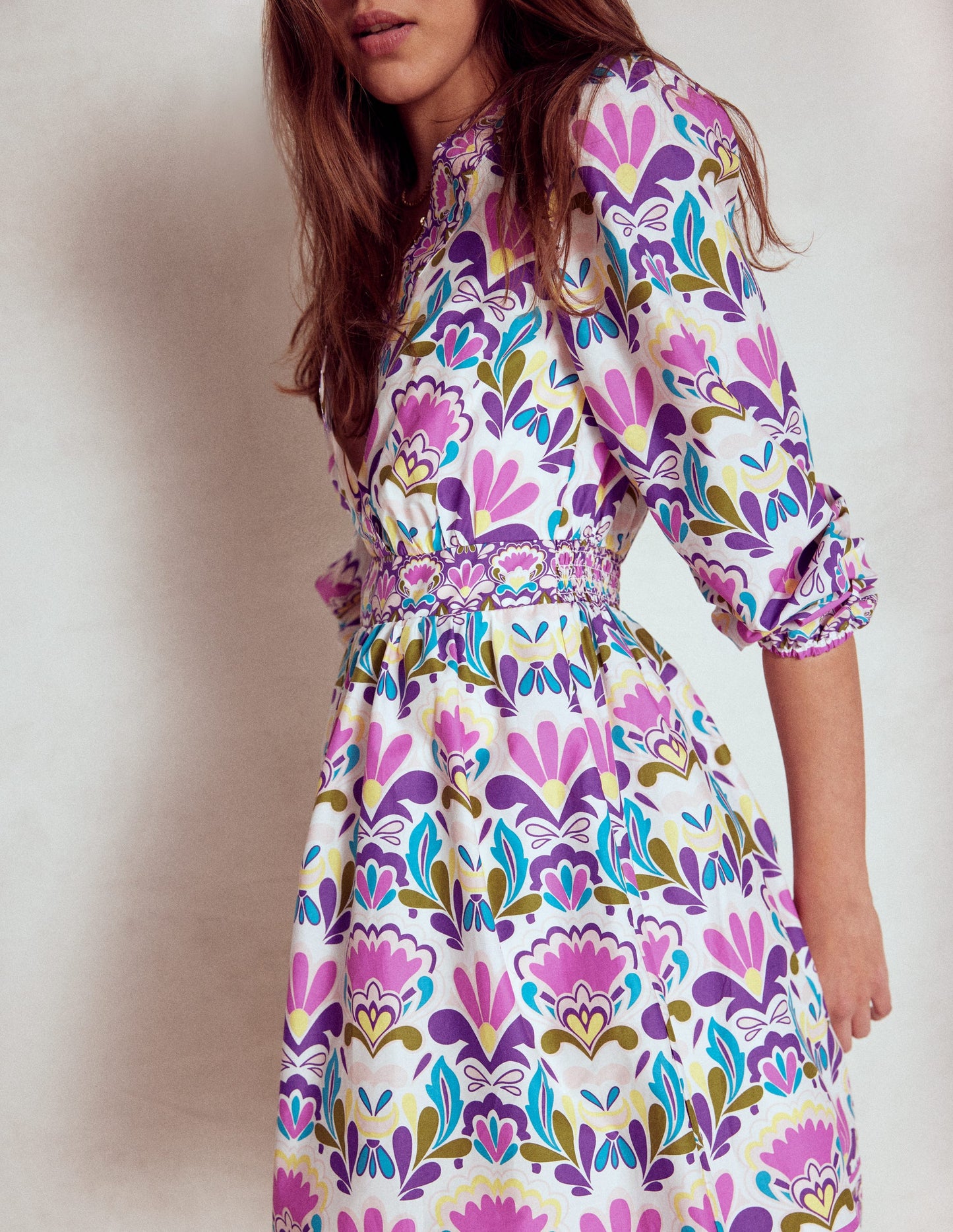 Mya Cotton Short Dress-Royal Purple, Freesia Stamp