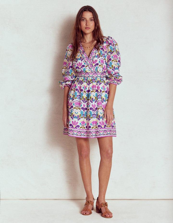 Mya Cotton Short Dress-Royal Purple, Freesia Stamp