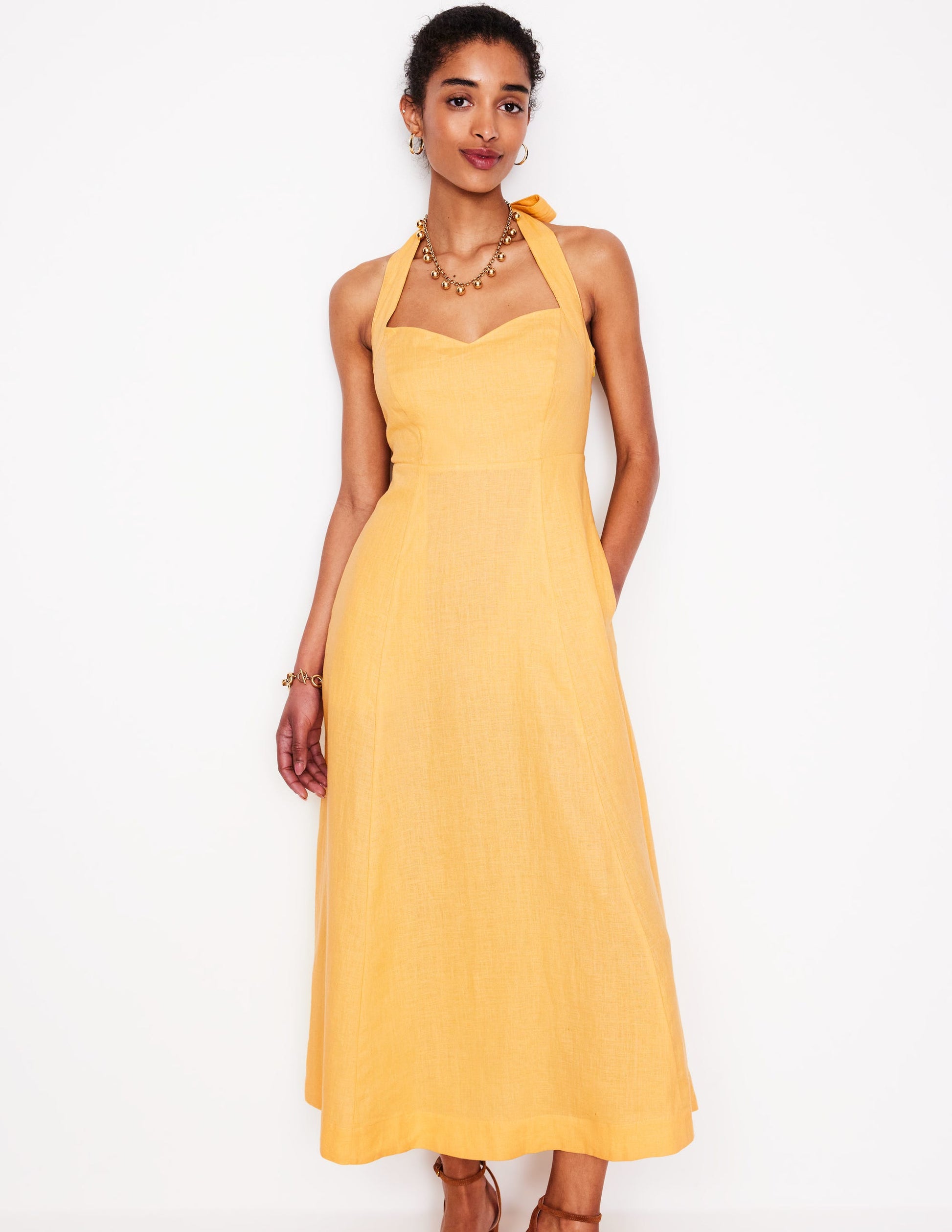 Halter Linen Dress-Buttermilk Yellow | Boden Global Halter Linen Dress-Buttermilk Yellow | Boden Global