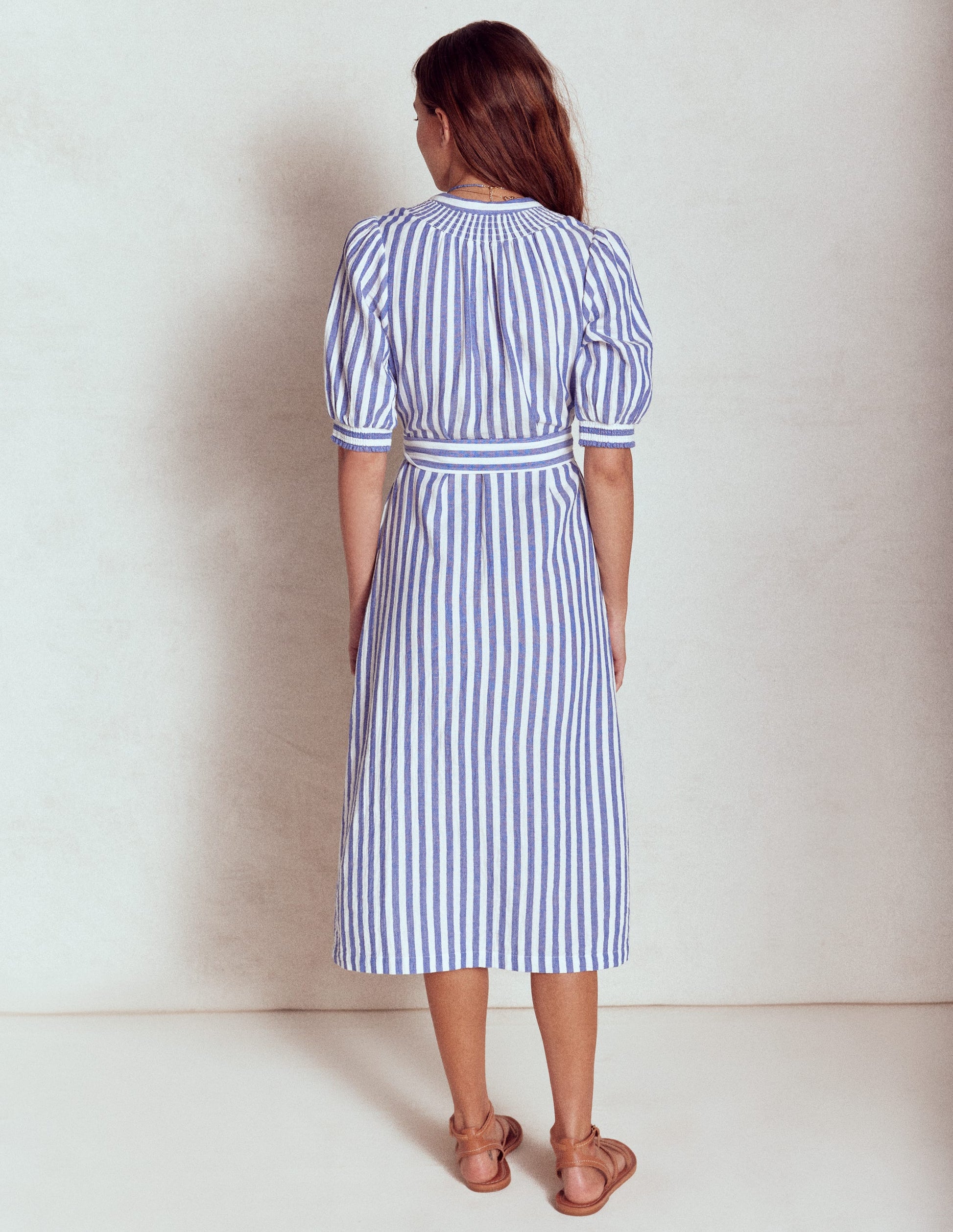 Ada Double Cloth Midi Dress-Bright Blue Stripe-4