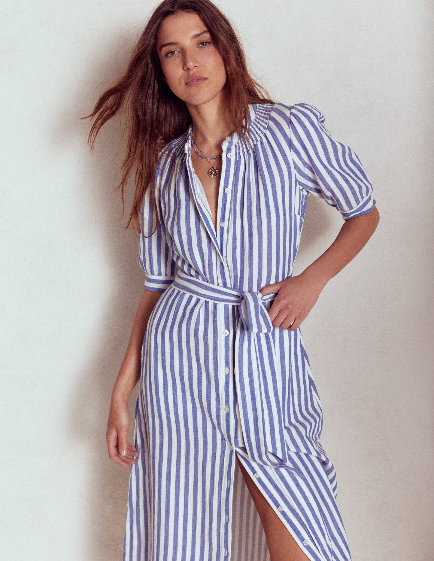 Ada Double Cloth Midi Dress-Bright Blue Stripe
