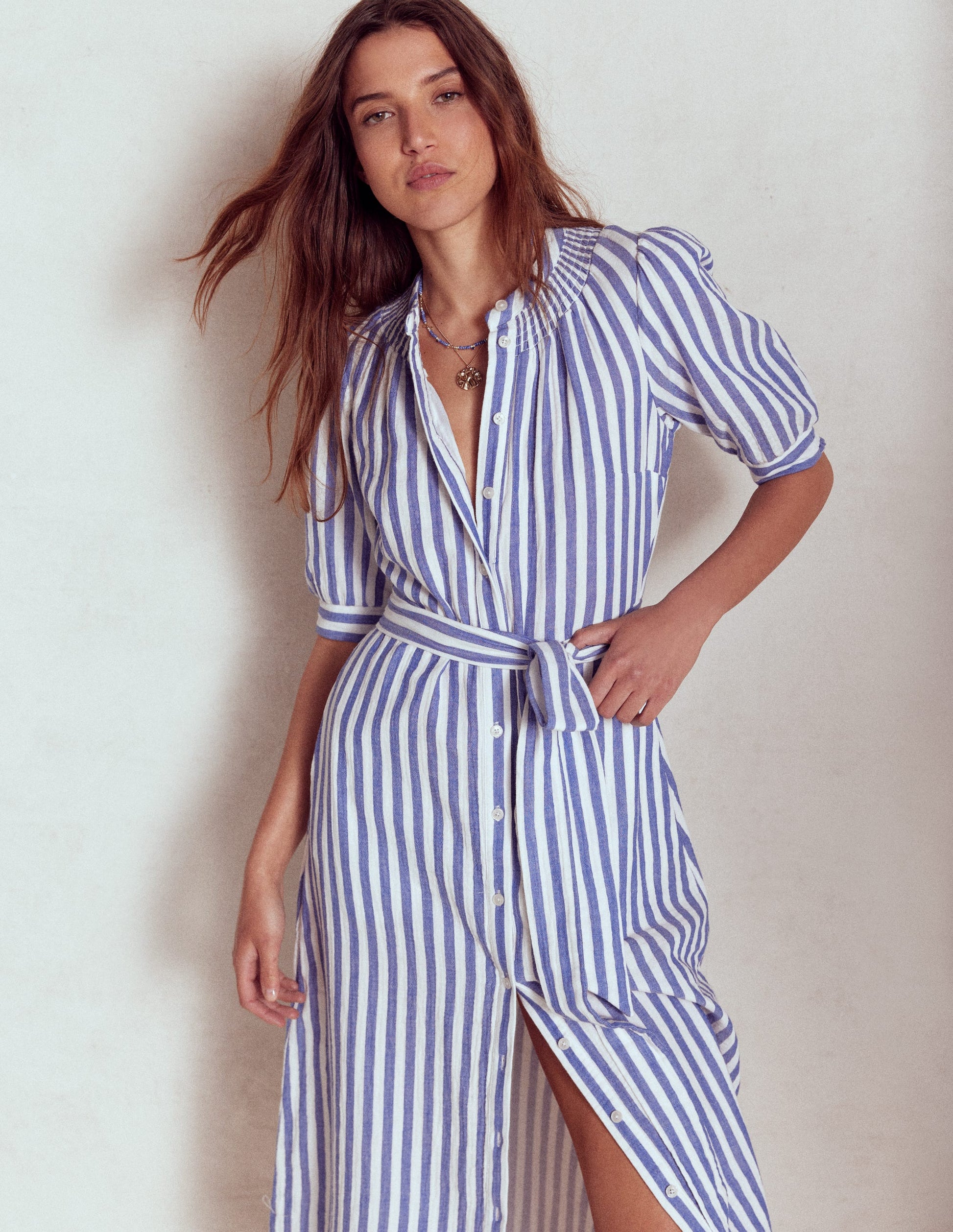 Ada Double Cloth Midi Dress-Bright Blue Stripe-5