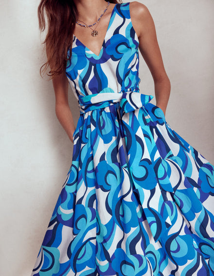 V-Neck Belted Flare Dress-Blue, Abstract Swirl