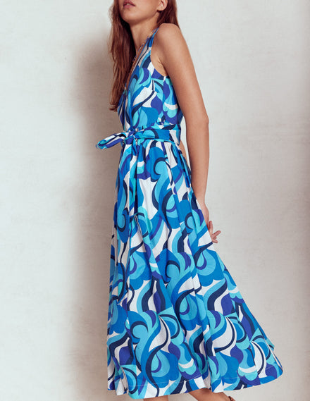 V-Neck Belted Flare Dress-Blue, Abstract Swirl