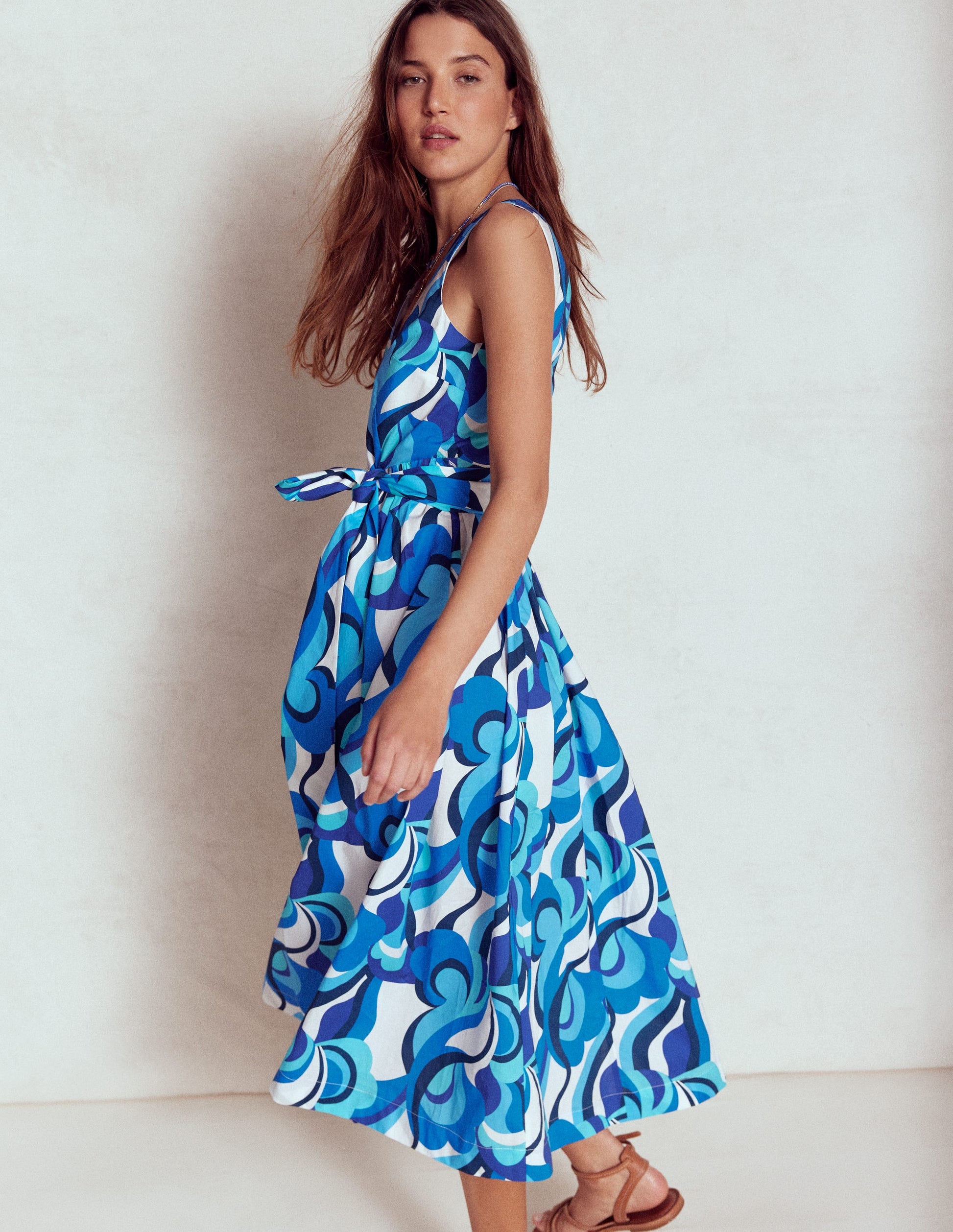 V-Neck Belted Flare Dress-Blue, Abstract Swirl-3