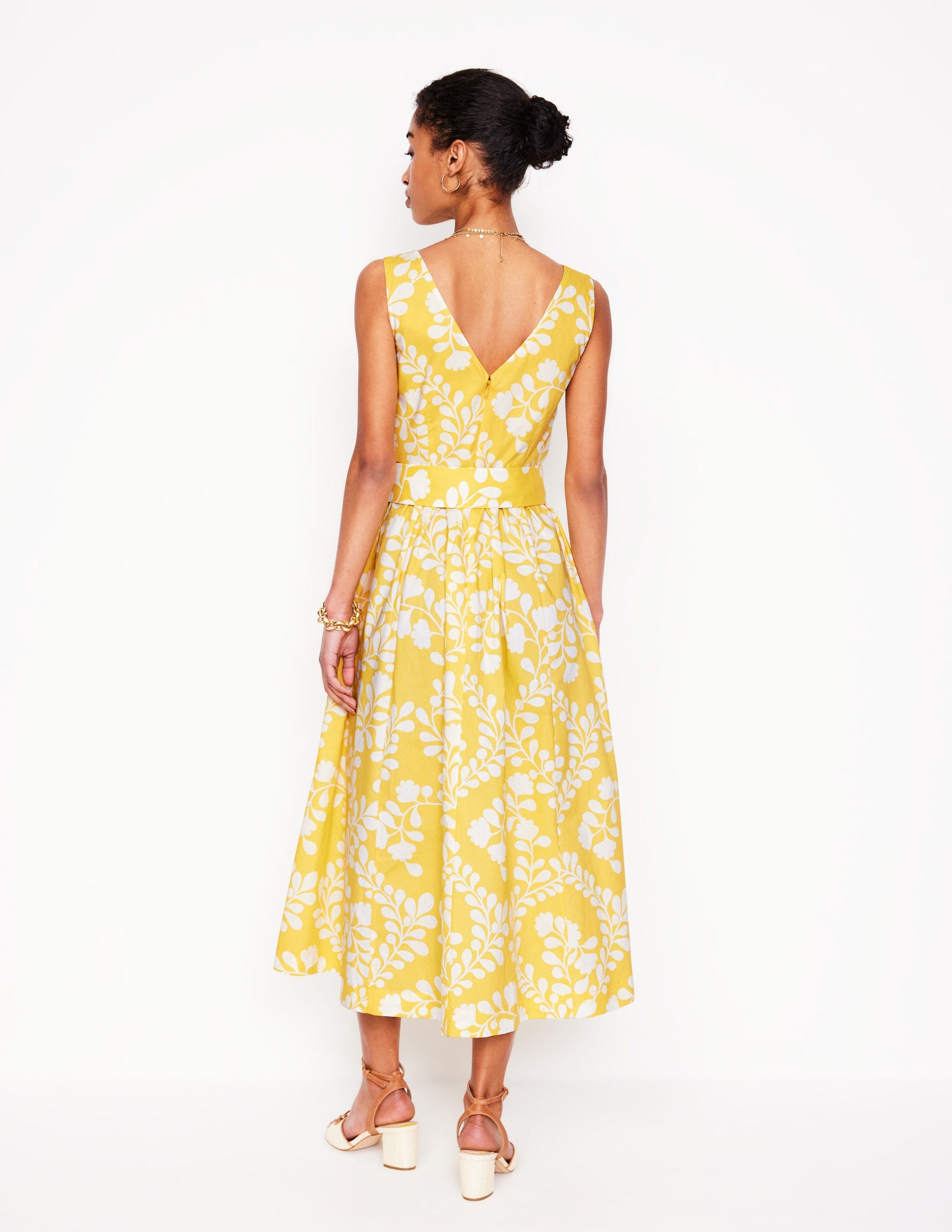 V-Neck Belted Flare Dress-Yellow, Vine Silhouette-3