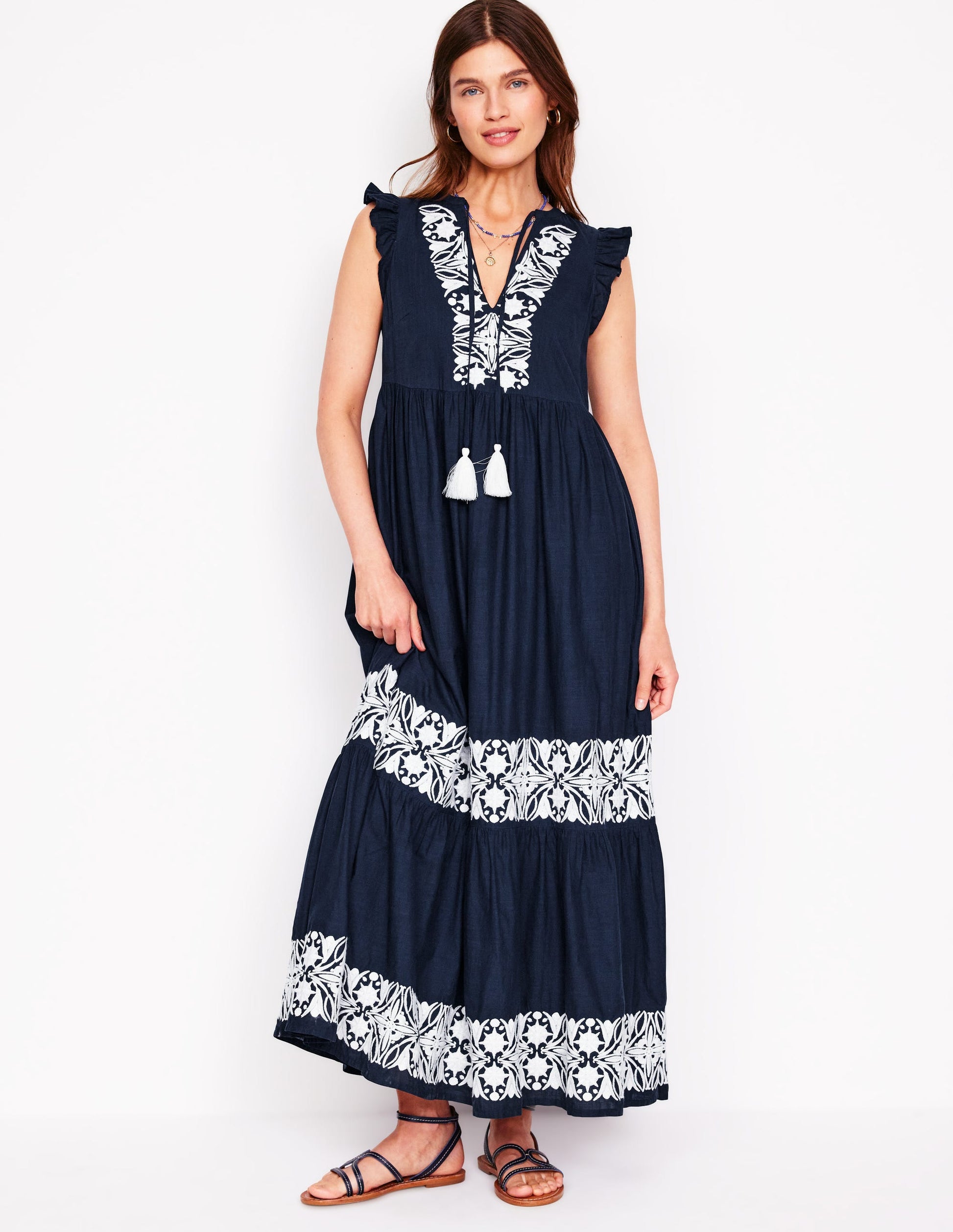 Tie Neck Tier Dress-Navy-1