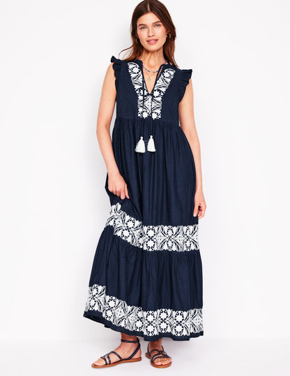 Tie Neck Tier Dress-Navy-1