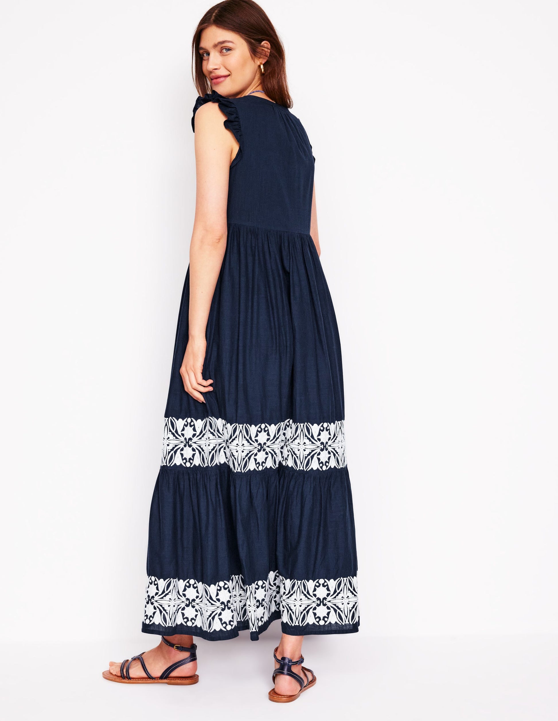 Tie Neck Tier Dress-Navy-3