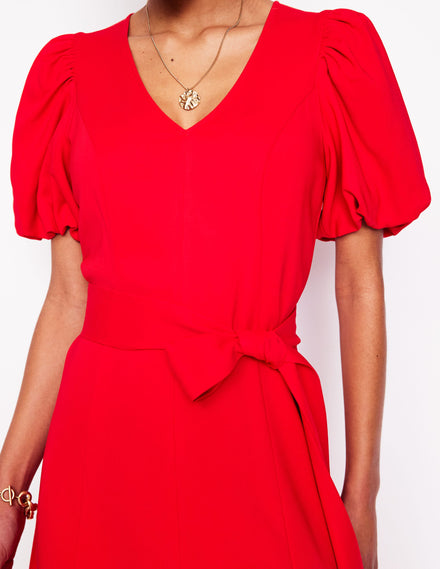 Volume Sleeve Midi Dress-Poppy Red