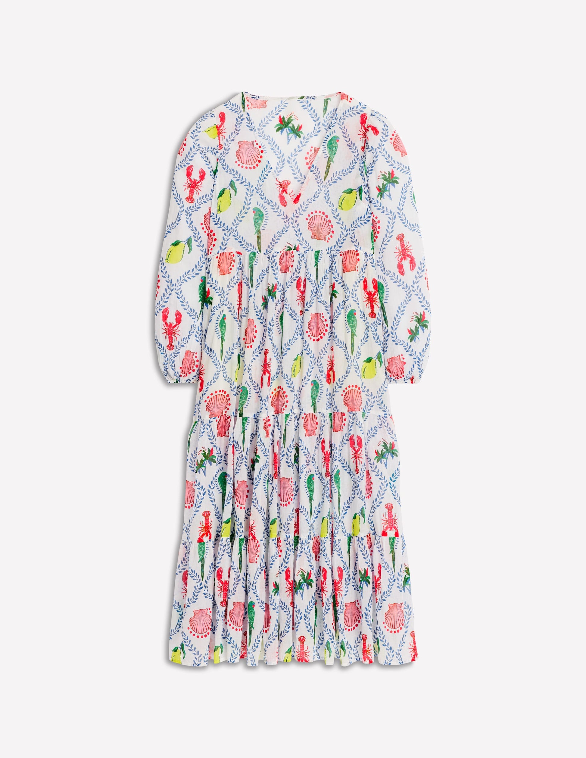 V-Neck Tiered Cotton Kaftan-Ivory, Tropical Bonanza-6