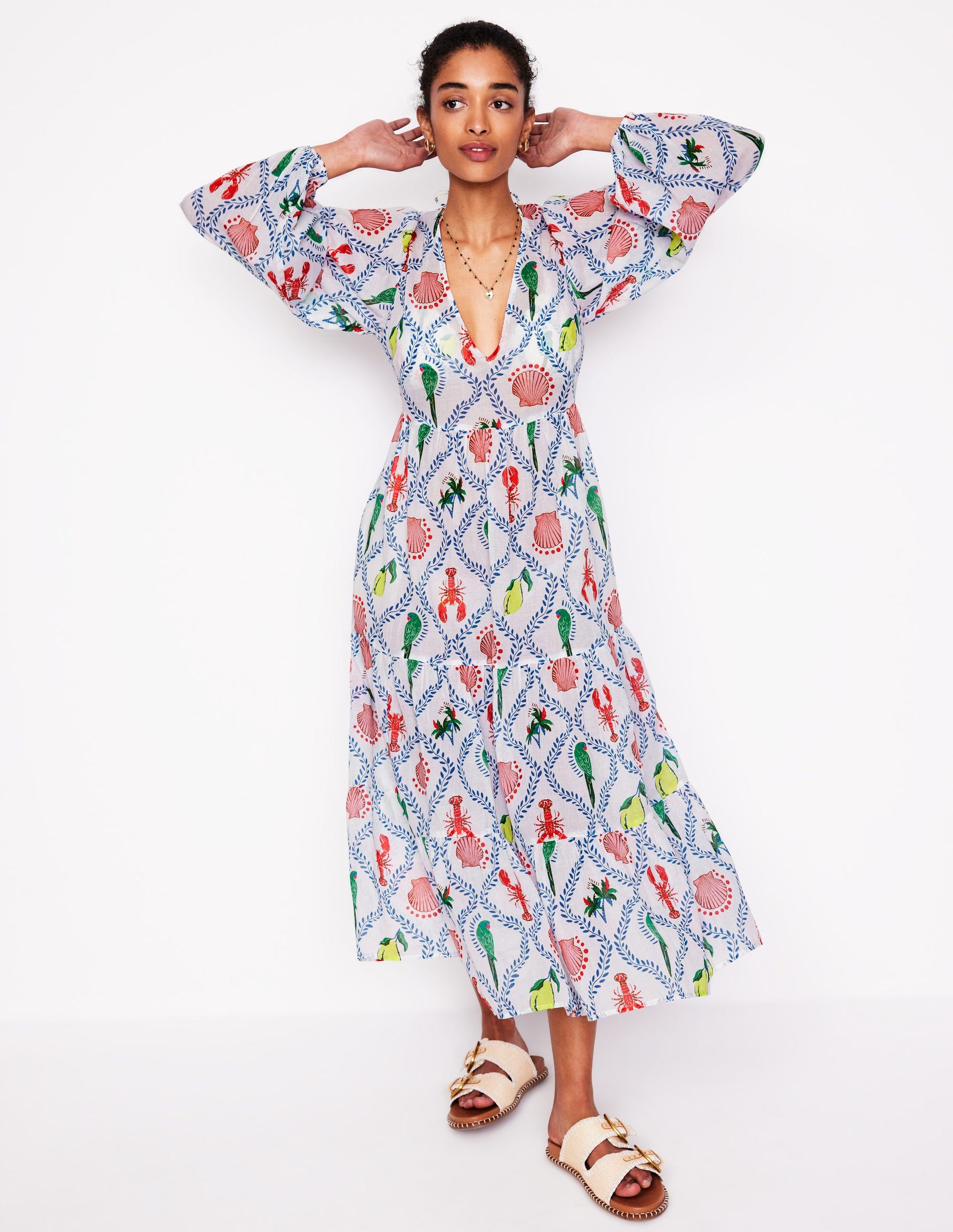 V-Neck Tiered Cotton Kaftan-Ivory, Tropical Bonanza-1