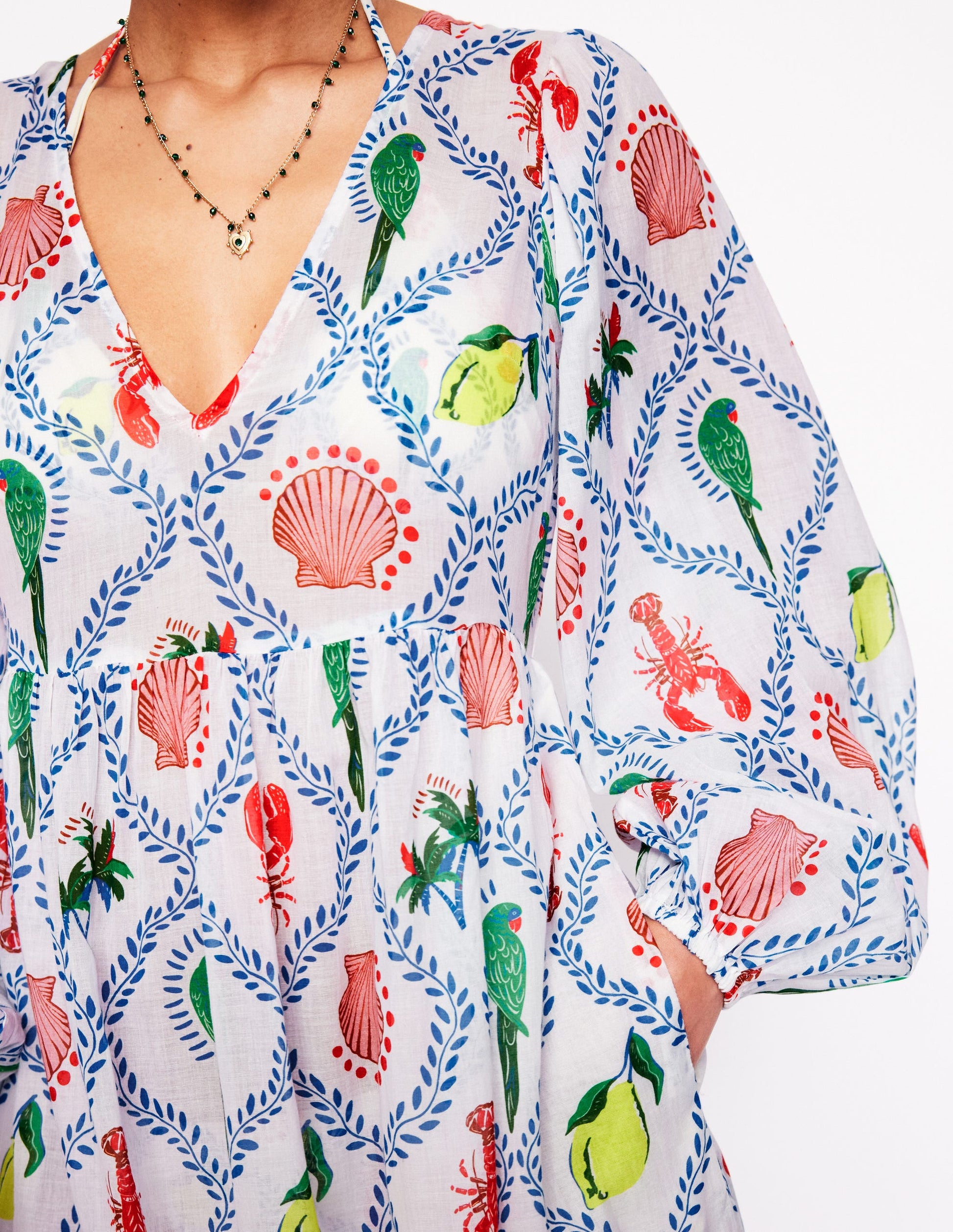 V-Neck Tiered Cotton Kaftan-Ivory, Tropical Bonanza-2
