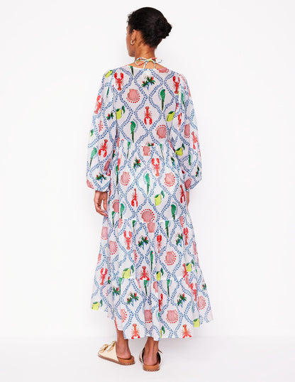 V-Neck Tiered Cotton Kaftan-Ivory, Tropical Bonanza-3