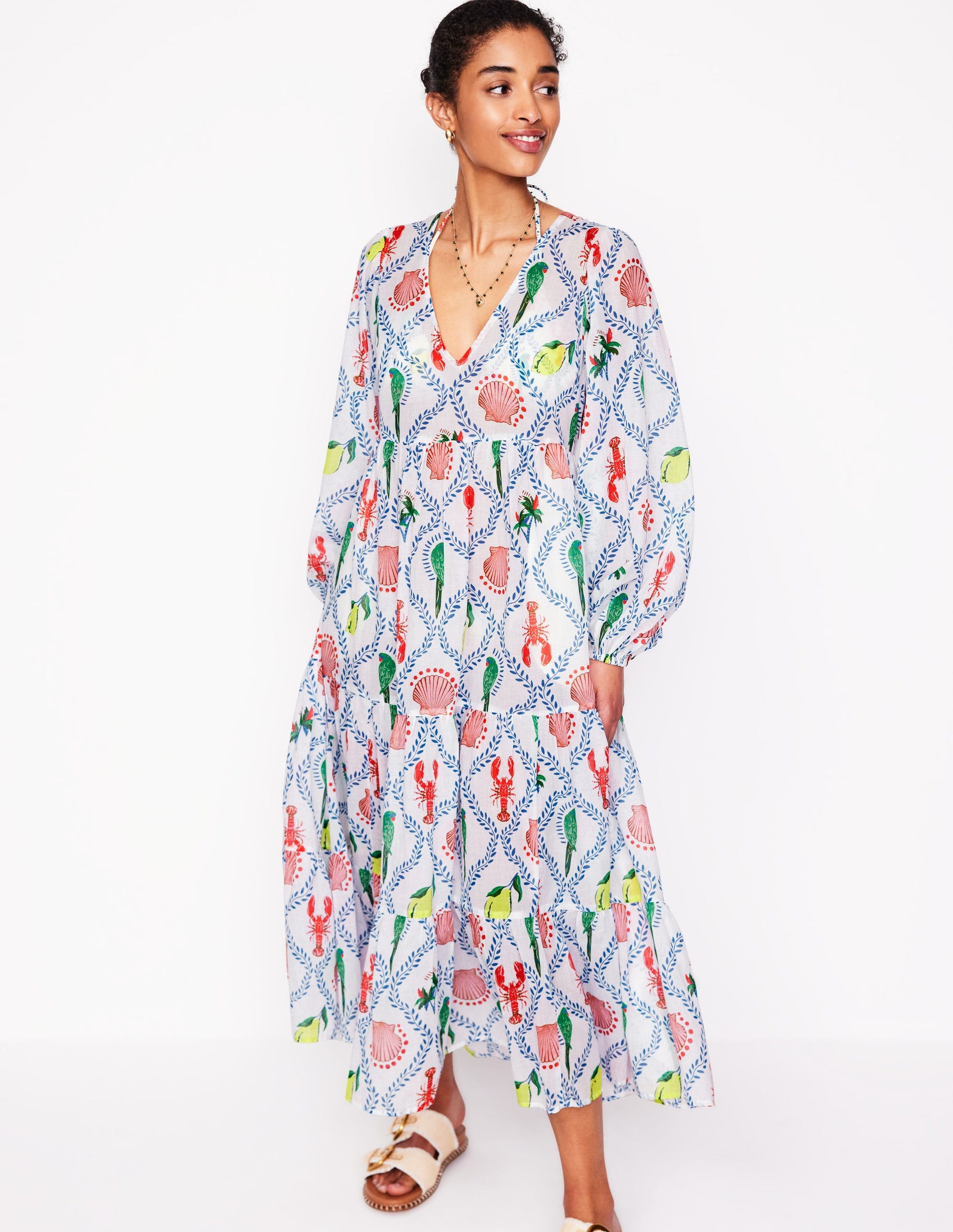 V-Neck Tiered Cotton Kaftan-Ivory, Tropical Bonanza-4