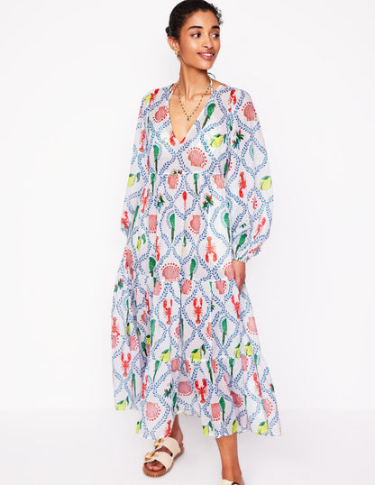 V-Neck Tiered Cotton Kaftan-Ivory, Tropical Bonanza-4