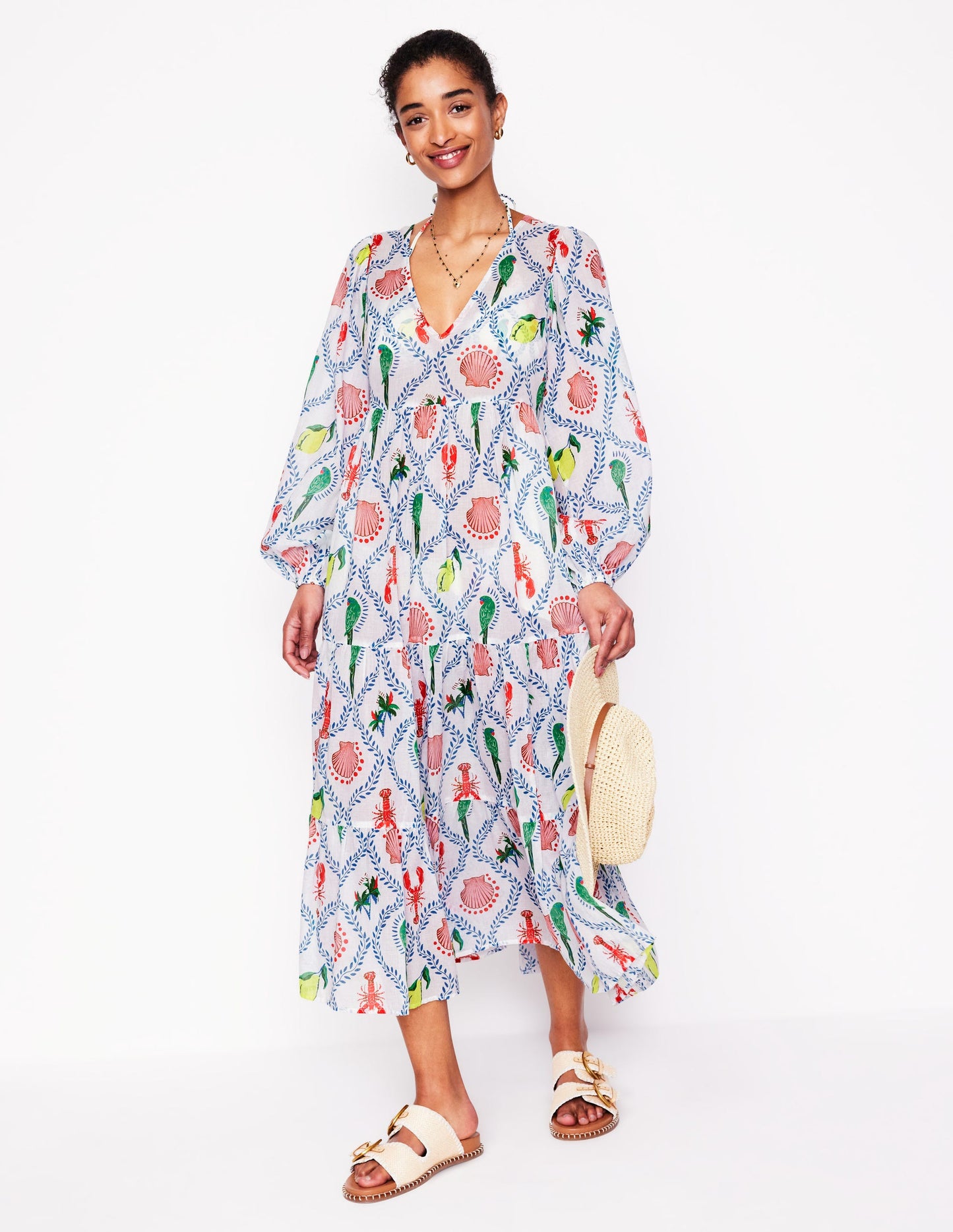 V-Neck Tiered Cotton Kaftan-Ivory, Tropical Bonanza