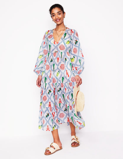 V-Neck Tiered Cotton Kaftan-Ivory, Tropical Bonanza-5