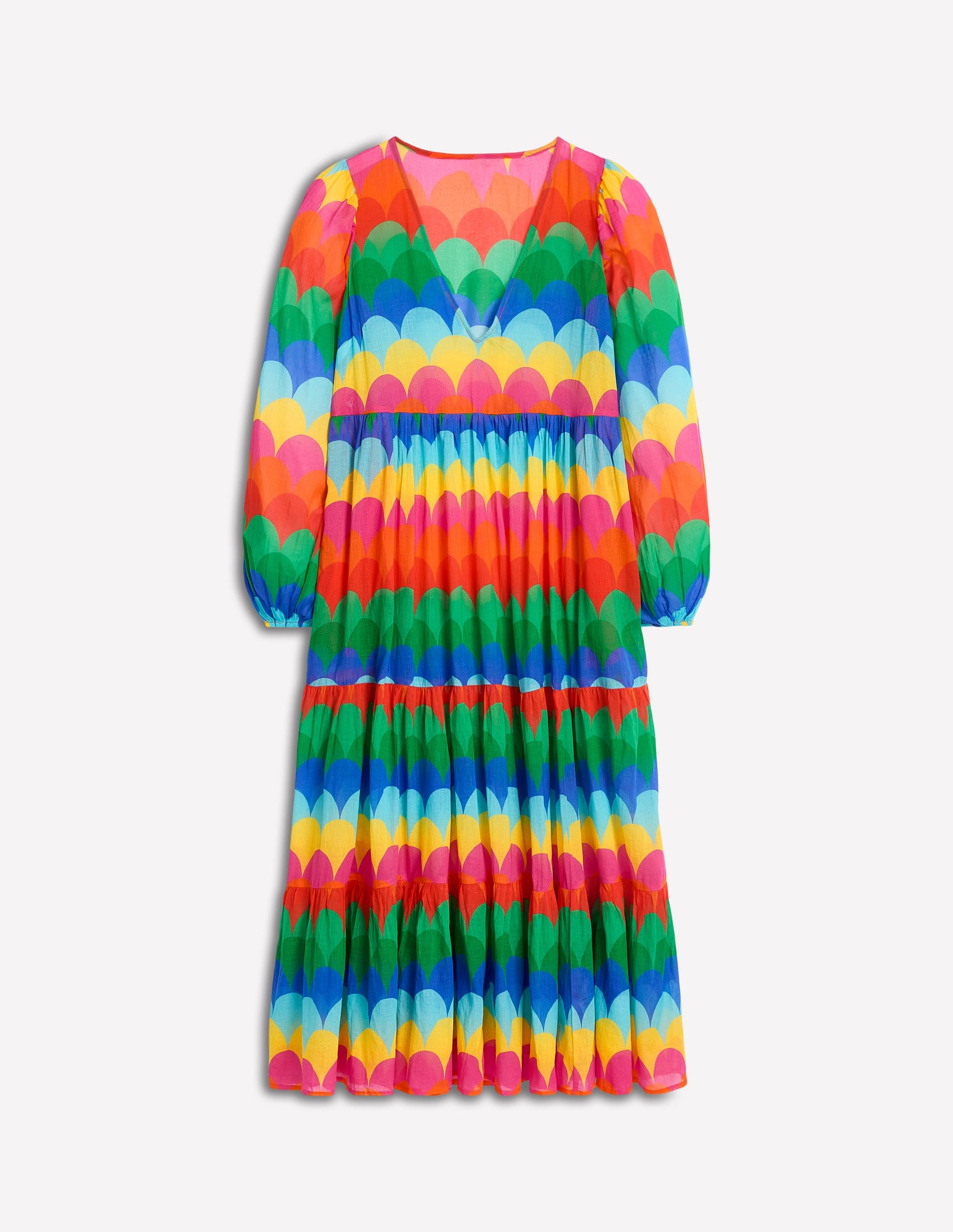 V-Neck Tiered Cotton Kaftan-Multi, Scallop Stripe-6