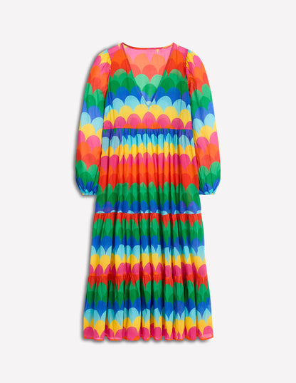 V-Neck Tiered Cotton Kaftan-Multi, Scallop Stripe-6
