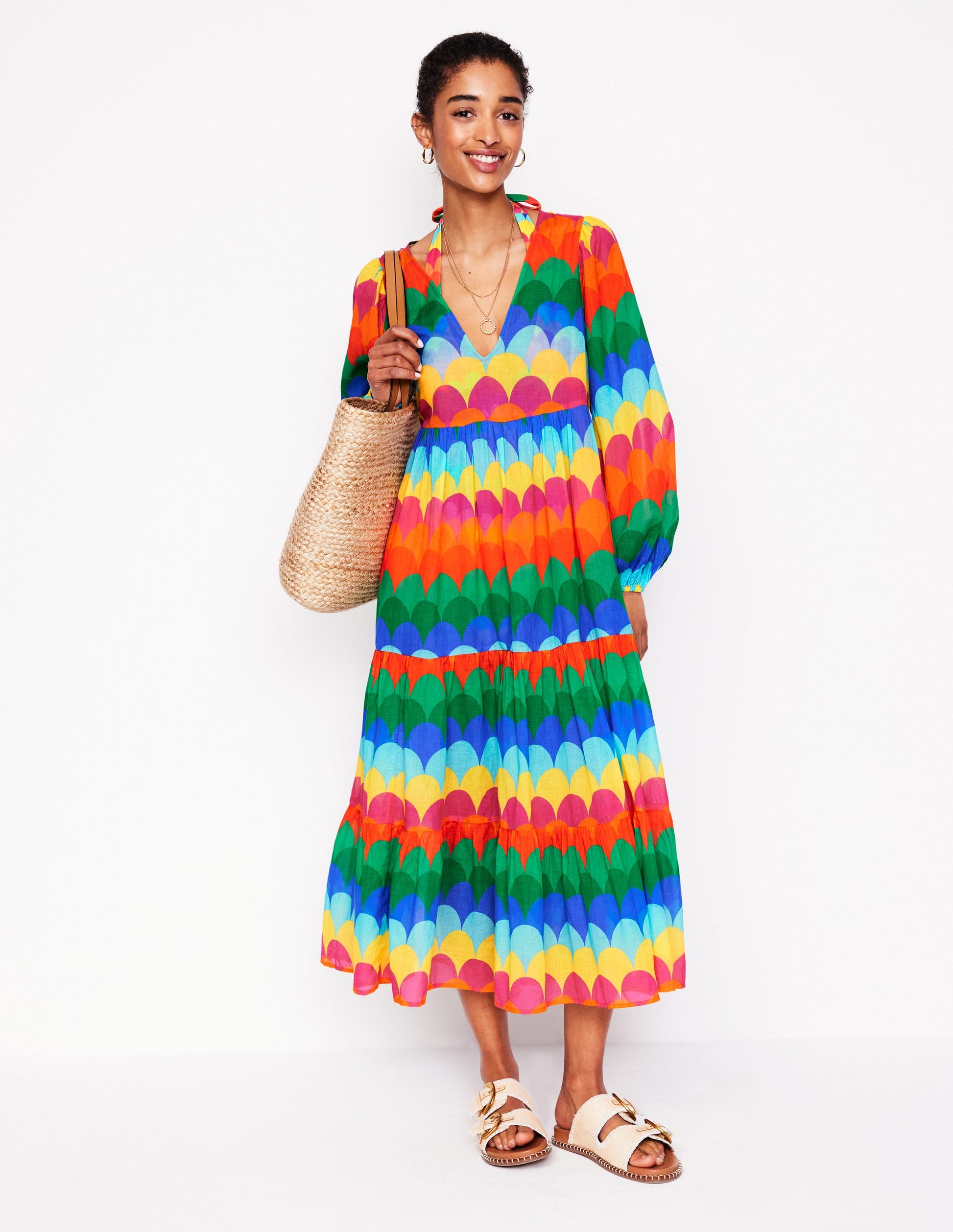 V-Neck Tiered Cotton Kaftan-Multi, Scallop Stripe-1