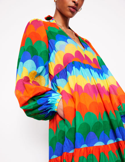 V-Neck Tiered Cotton Kaftan-Multi, Scallop Stripe
