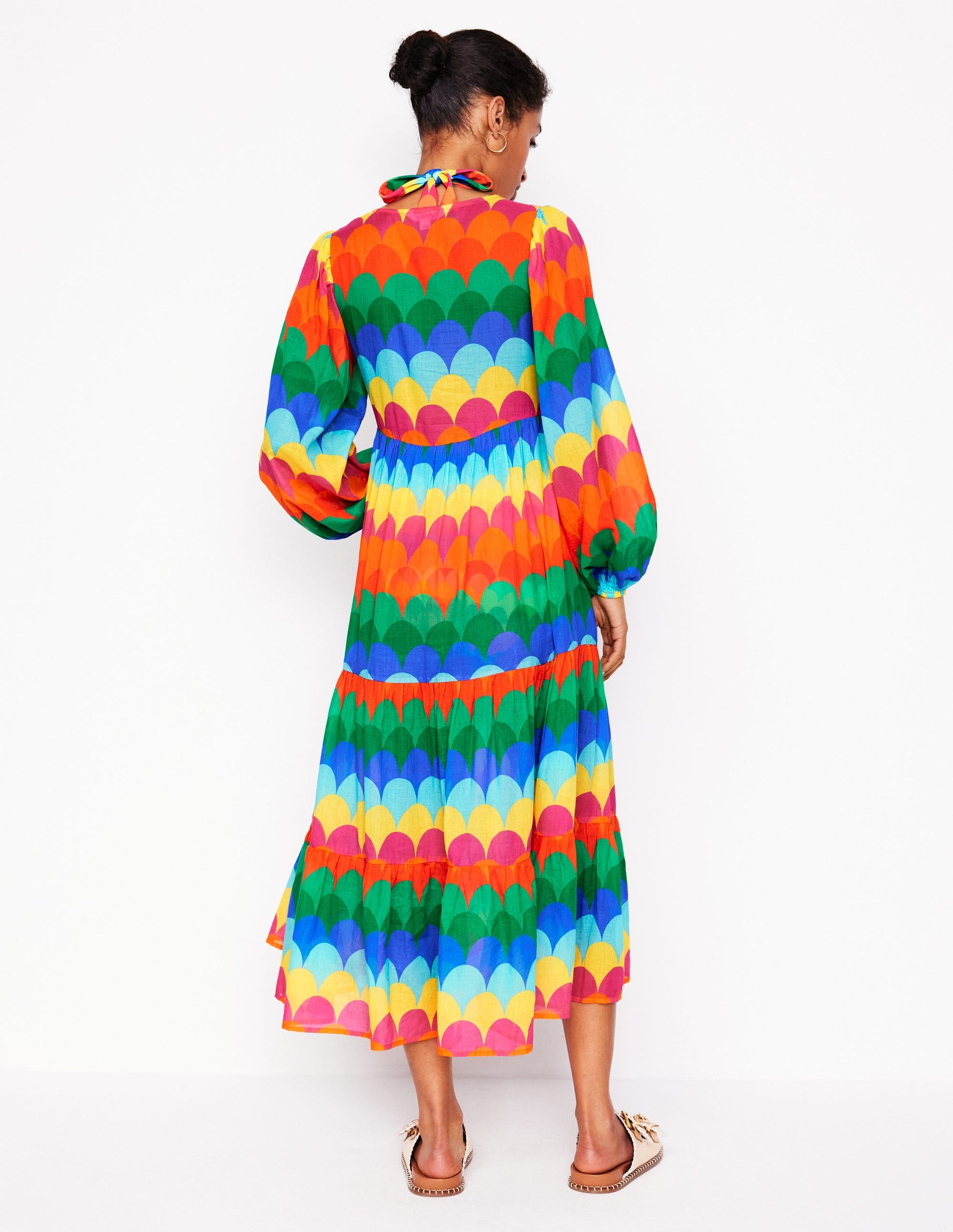 V-Neck Tiered Cotton Kaftan-Multi, Scallop Stripe-4