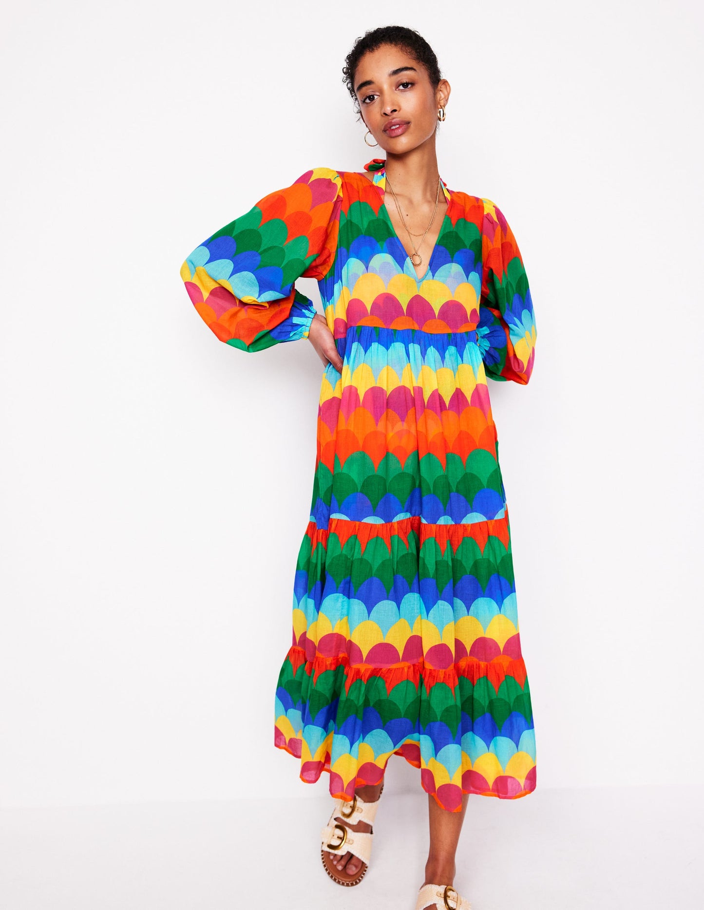 V-Neck Tiered Cotton Kaftan-Multi, Scallop Stripe
