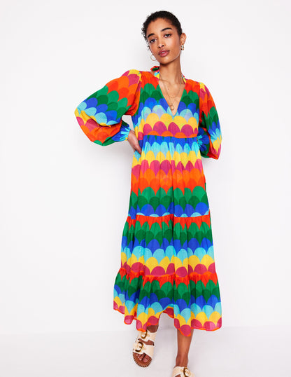 V-Neck Tiered Cotton Kaftan-Multi, Scallop Stripe-5