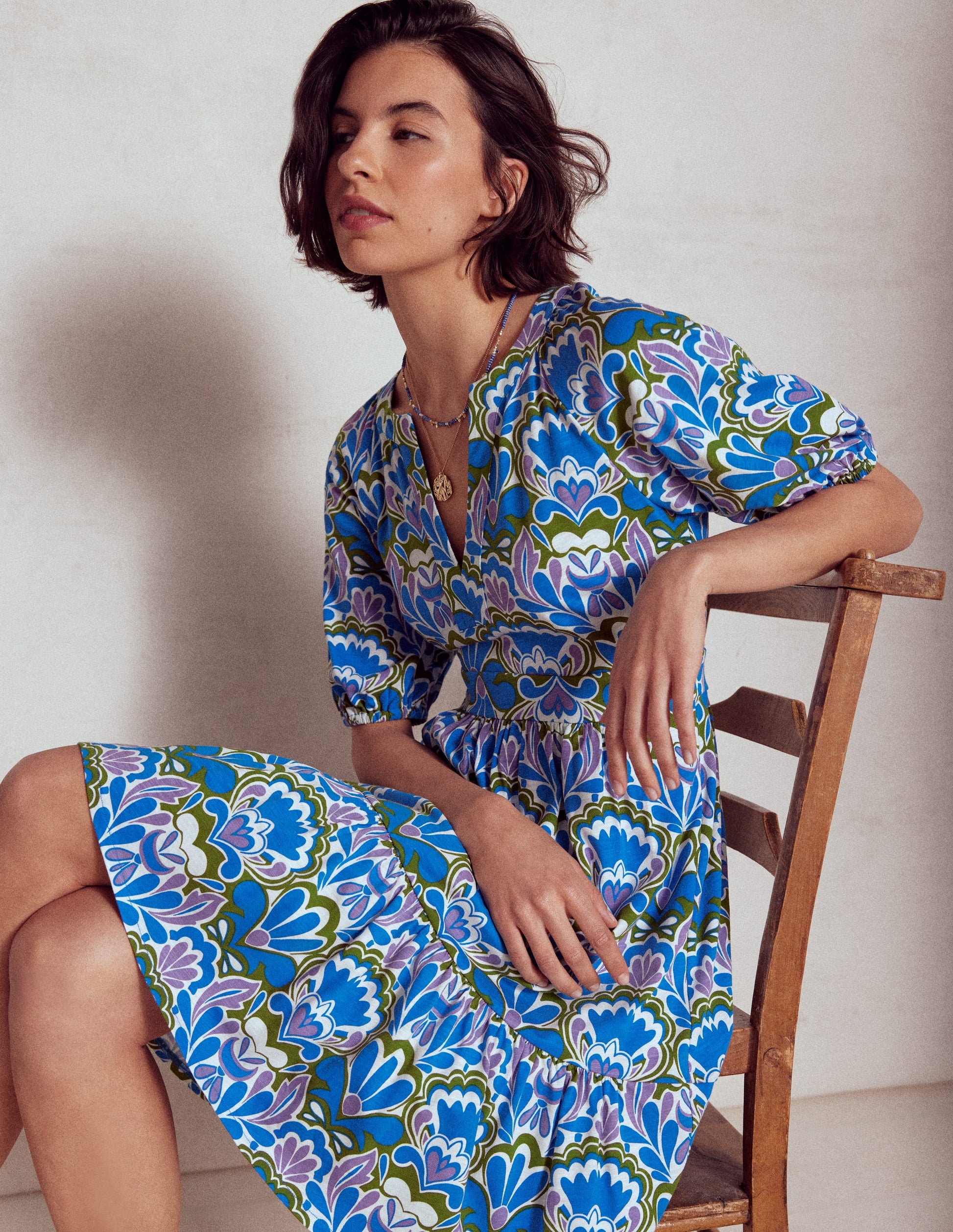 Piper Short Jersey Dress-Kingfisher Blue, Freesia Stamp | Boden Global Piper Short Jersey Dress-Kingfisher Blue, Freesia Stamp | Boden Global