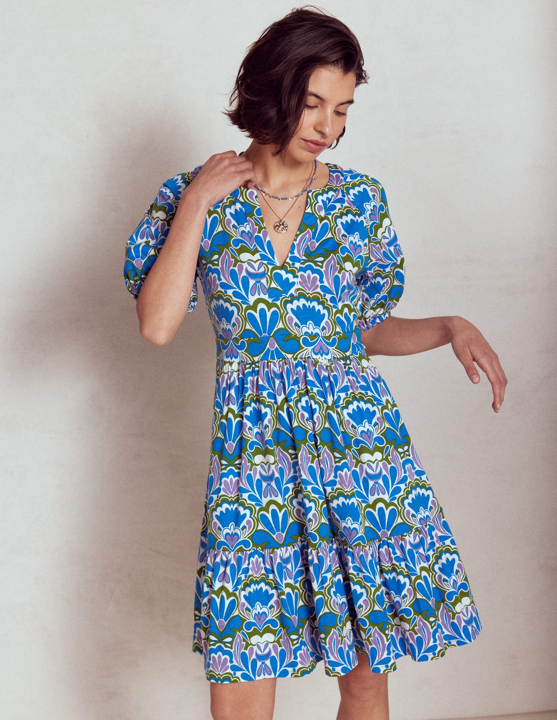 Piper Short Jersey Dress-Kingfisher Blue, Freesia Stamp-5