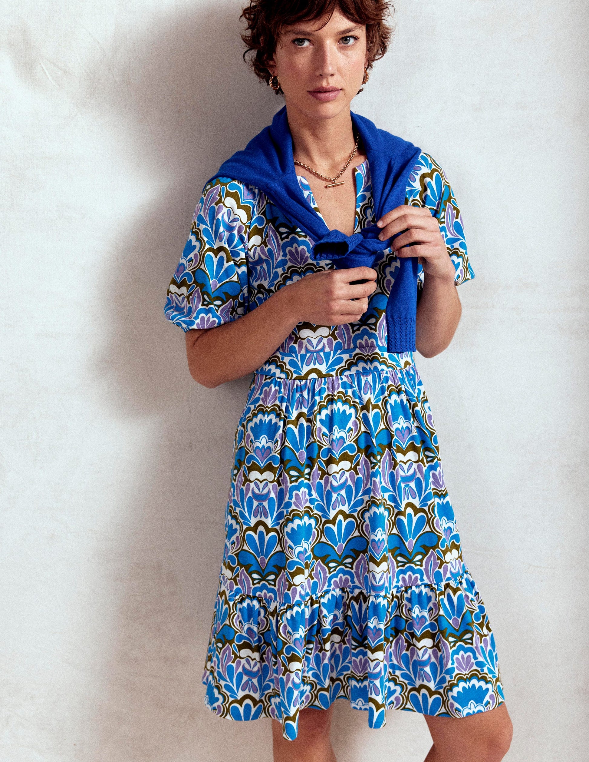 Piper Short Jersey Dress-Kingfisher Blue, Freesia Stamp-1