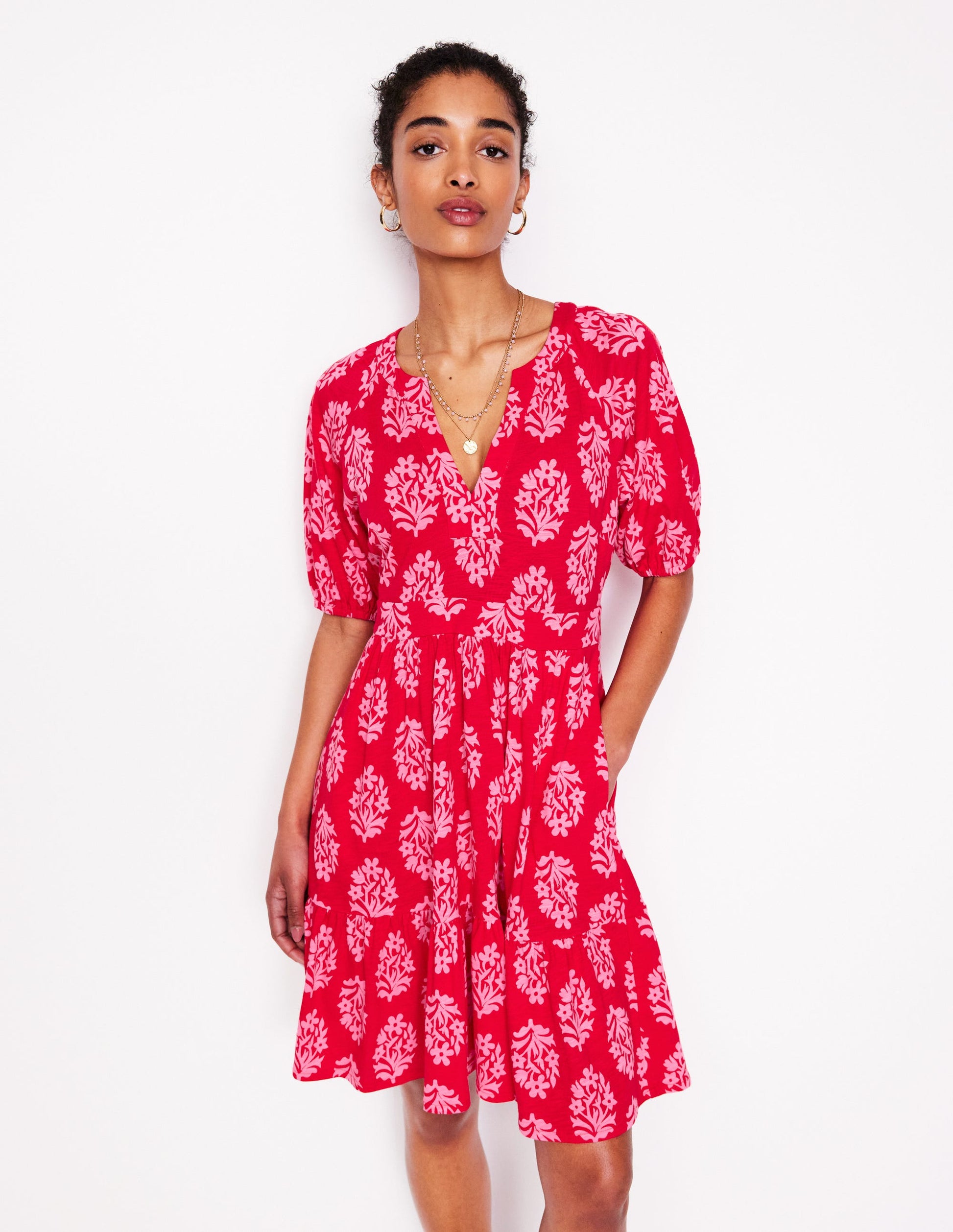 Piper Short Jersey Dress-Poppy Red, Posy Stamp-1