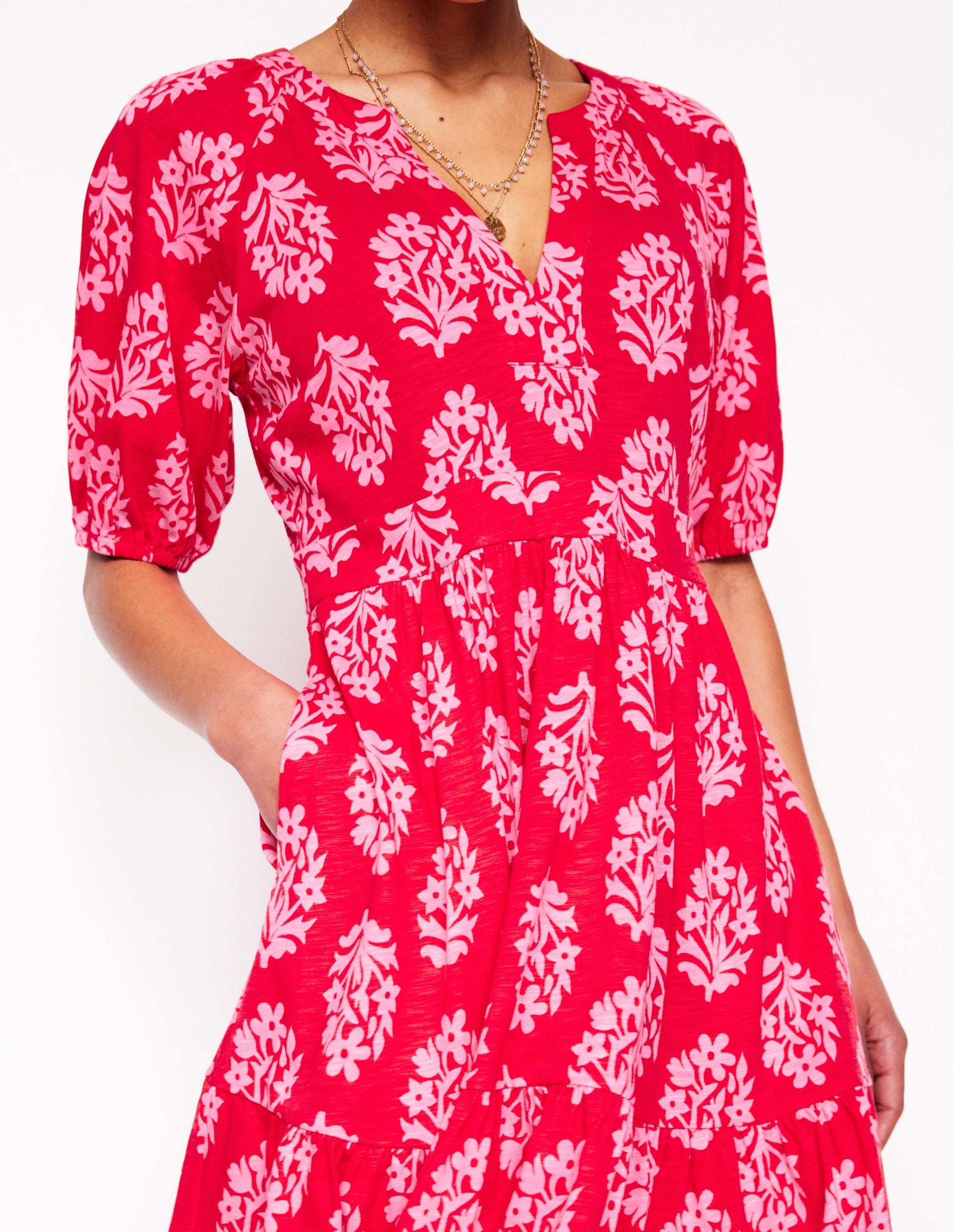 Piper Short Jersey Dress-Poppy Red, Posy Stamp-2