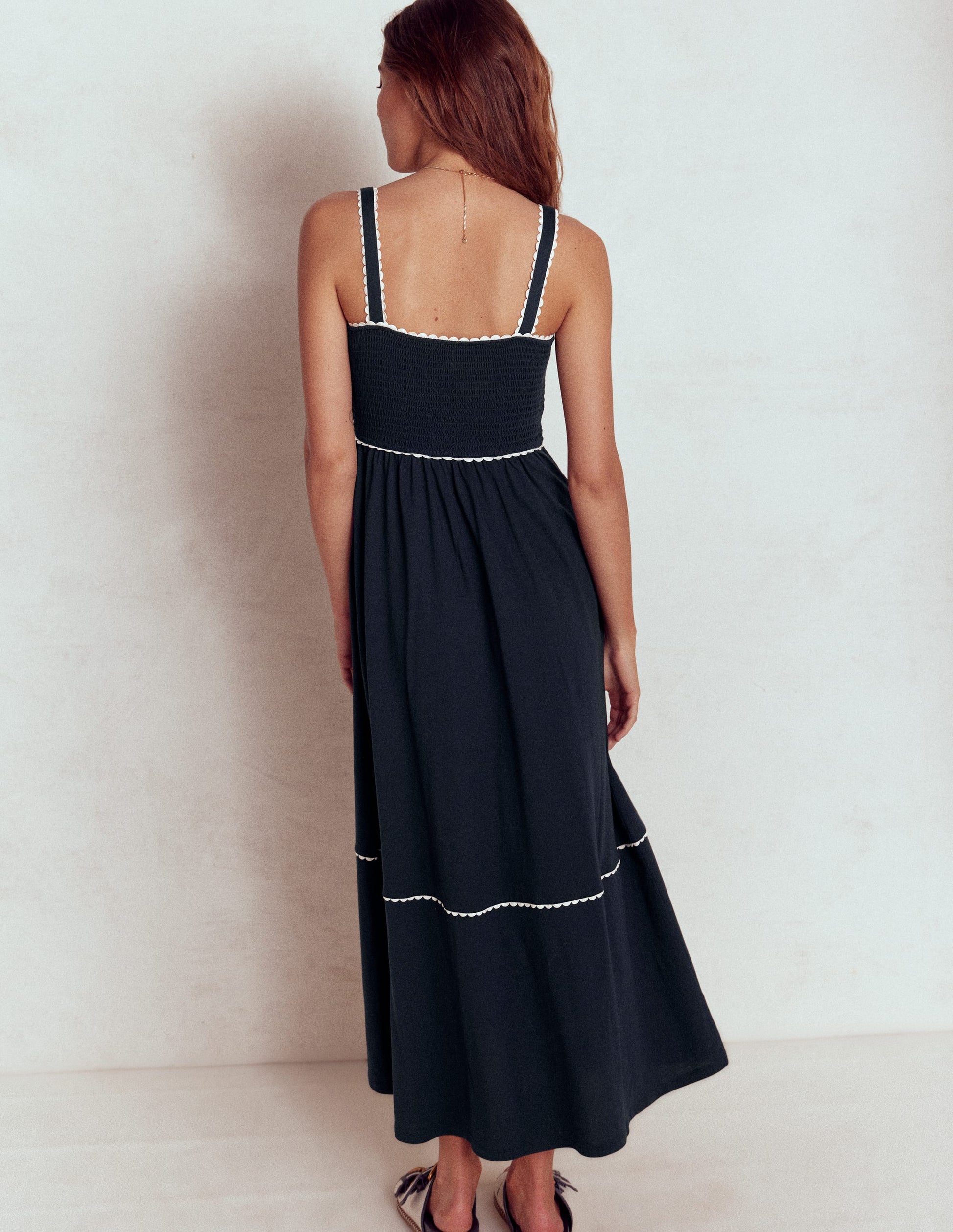Smocked Trim Maxi Dress-Navy-5