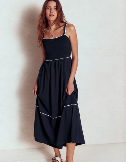 Smocked Trim Maxi Dress-Navy-1