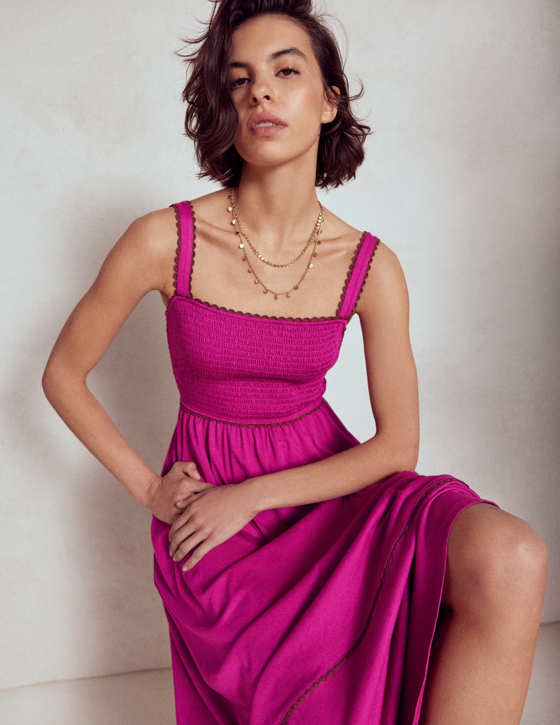 Smocked Trim Maxi Dress-Fuchsia-1