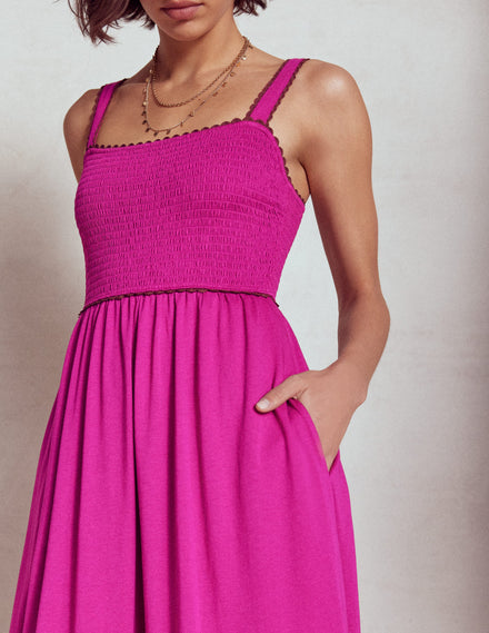 Smocked Trim Maxi Dress-Fuchsia