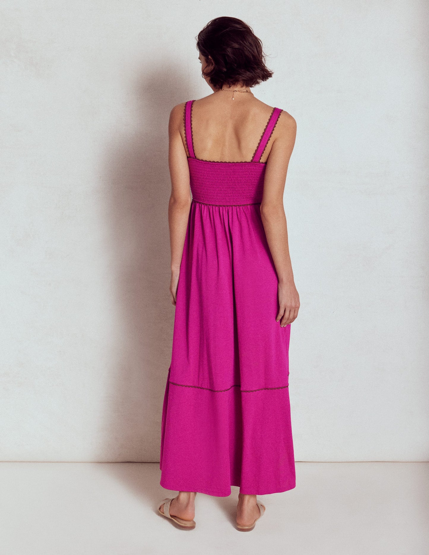 Smocked Trim Maxi Dress-Fuchsia