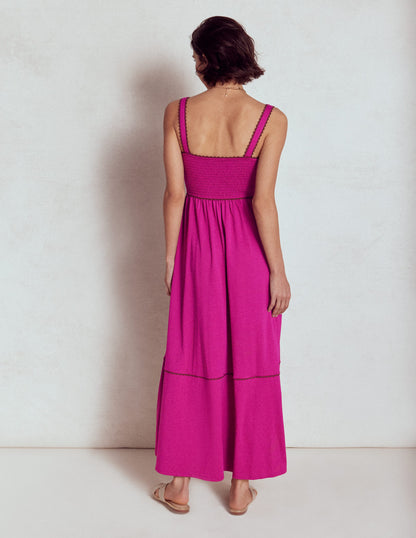 Smocked Trim Maxi Dress-Fuchsia-3