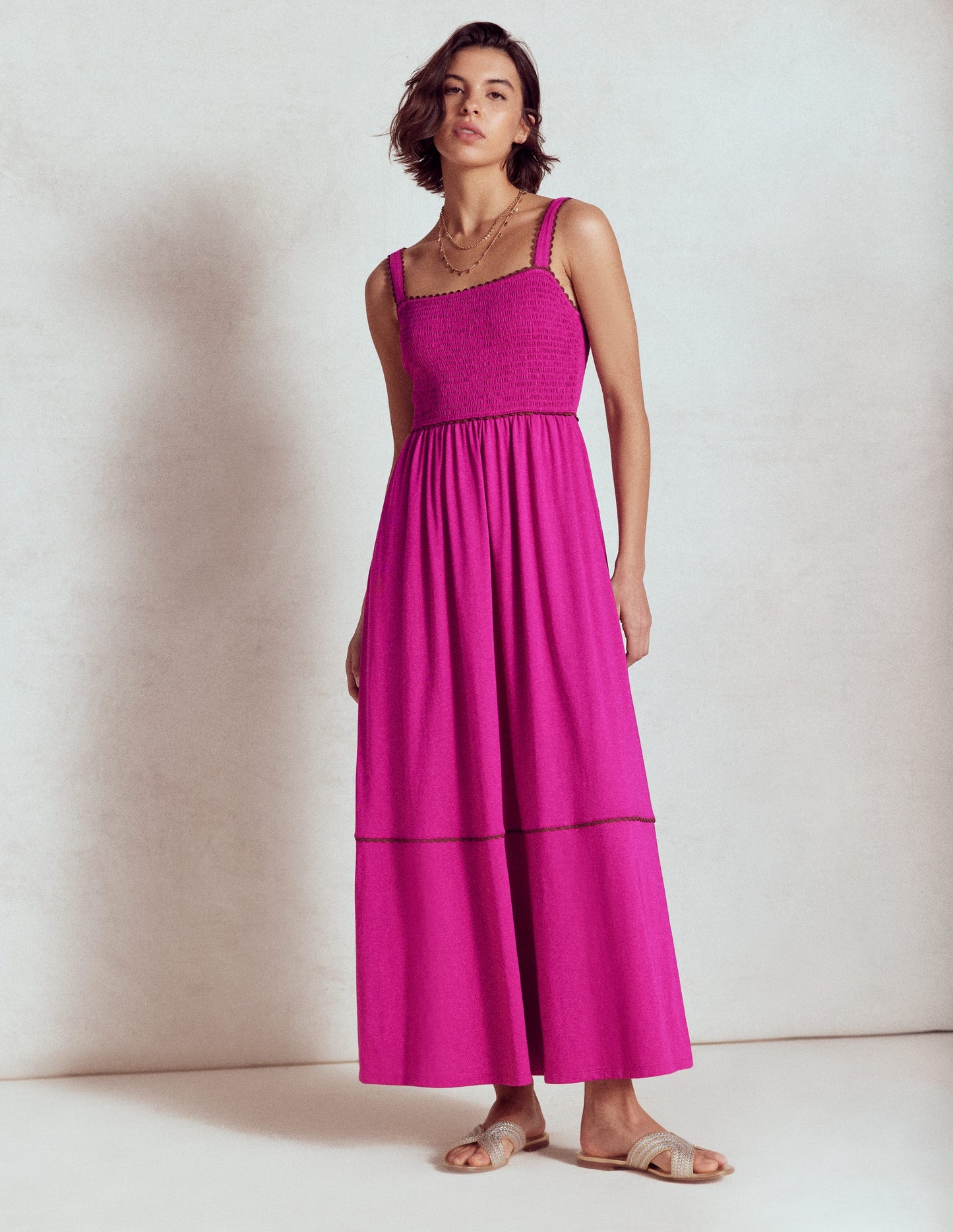 Smocked Trim Maxi Dress-Fuchsia